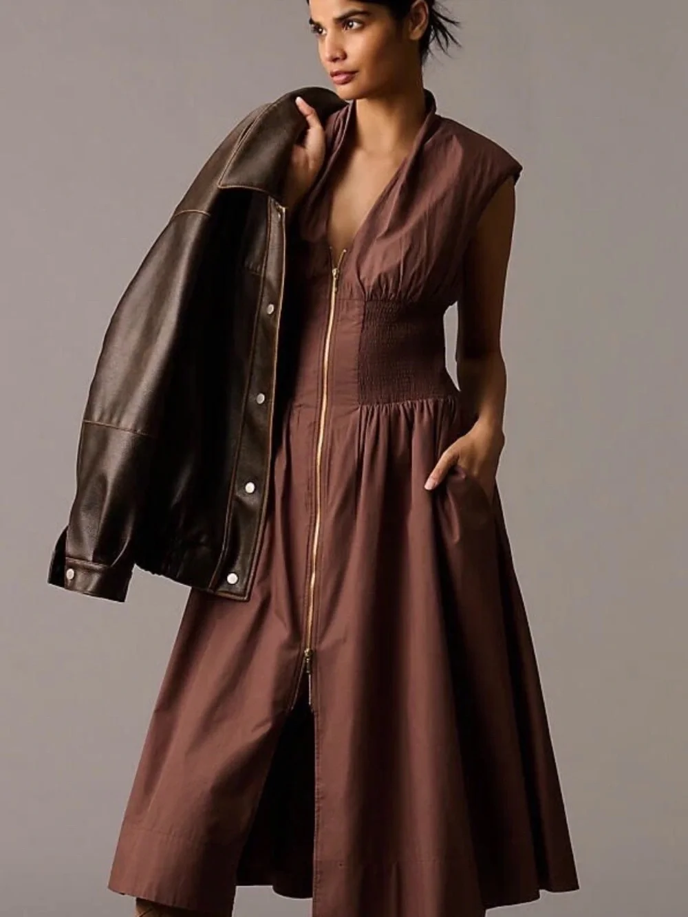 Anthropologie Brown Zip-Front Midi Dress